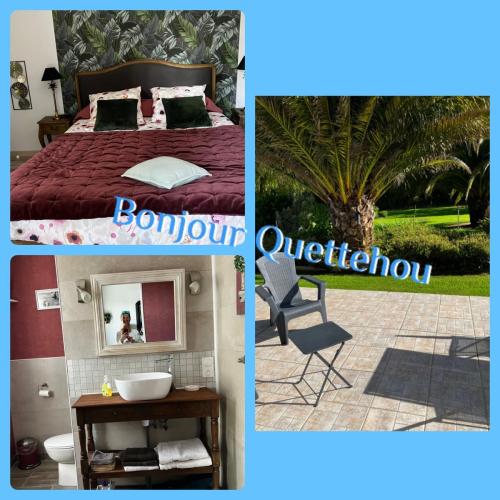 ...heutige Unterkunft. Blick aus dem Bett in den Garten mit Palmen